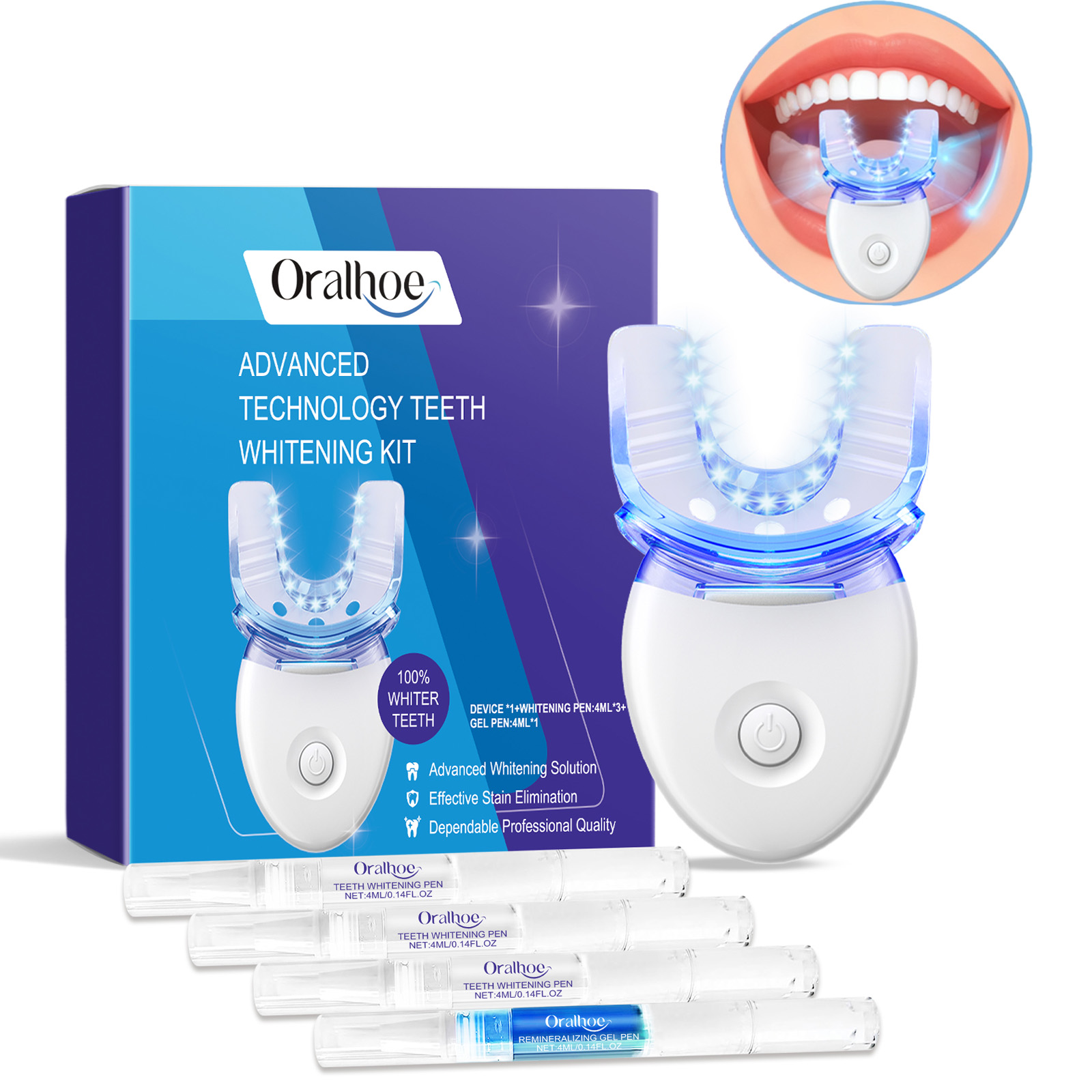 Teeth Whitening Mouthwash - Professionelles LED-Lichtset zur Zahnaufhellung mit 4-fachem